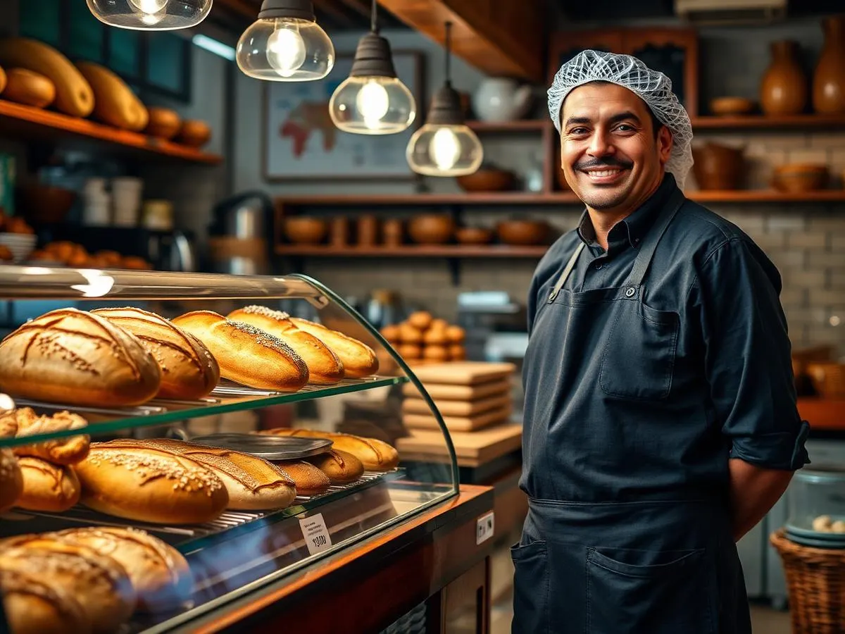 Panadero con cofia y delantal en su panadería