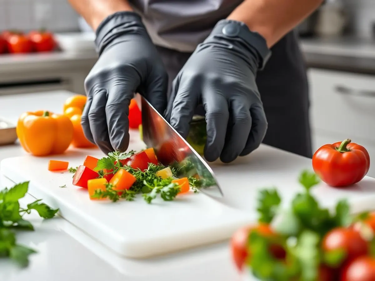 Manos con guantes cortando vegetales frescos sobre tabla limpia