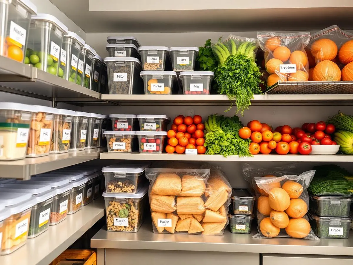 Almacén de alimentos organizado con contenedores rotulados