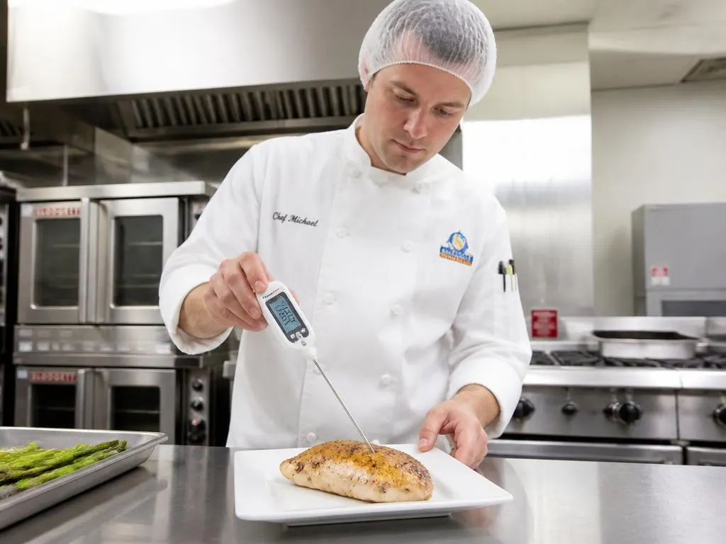 Chef midiendo temperatura de un plato con termómetro